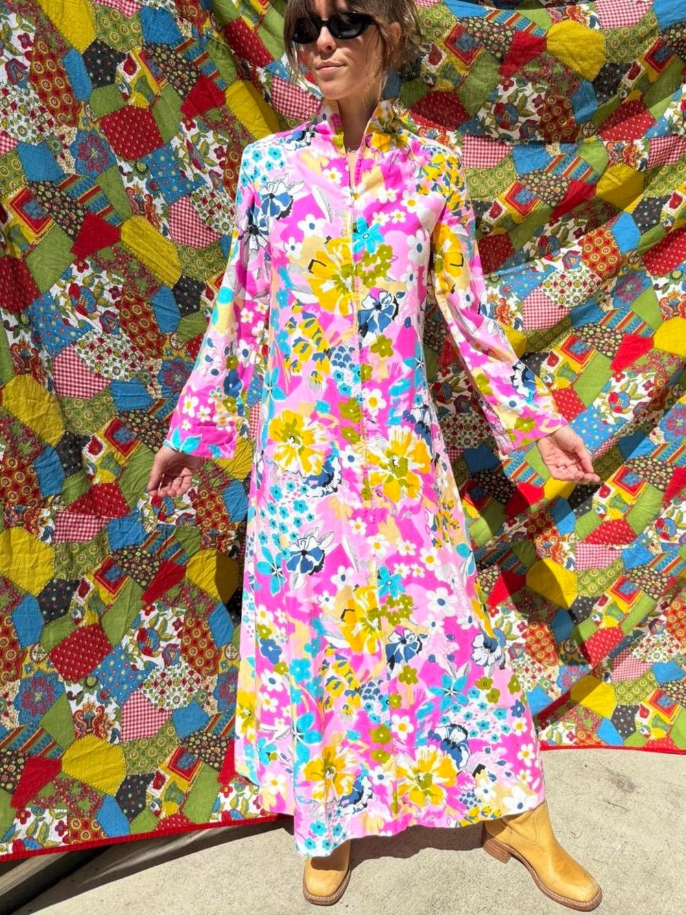 Vintage 1970s psychedelic floral maxi house dress